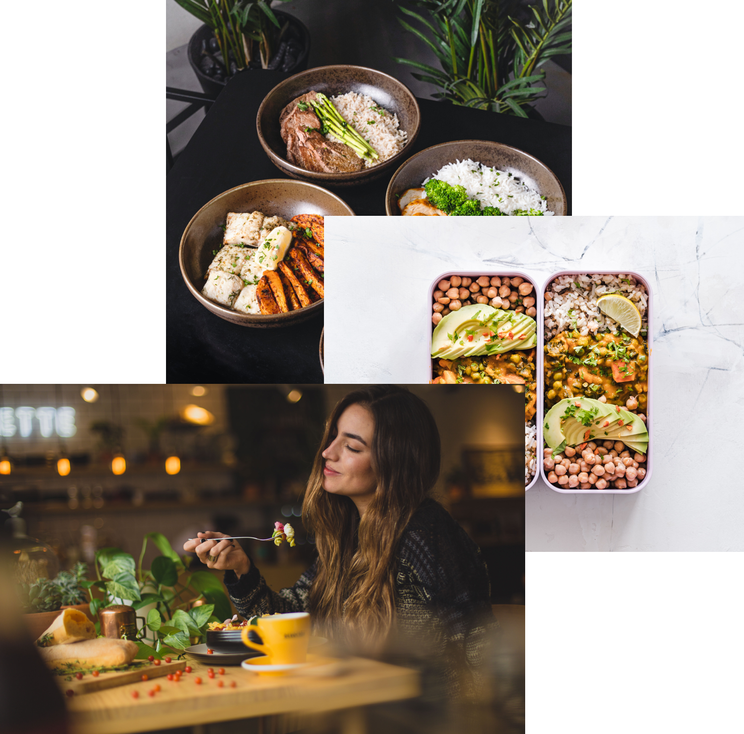 Women Enjoying food, meals in storage container and food bowls on a table